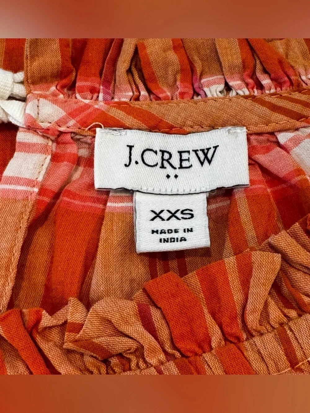 J.Crew Orange Plaid Ruffle Neck Cotton Blouse XXS Peasant Top Fits Size Small